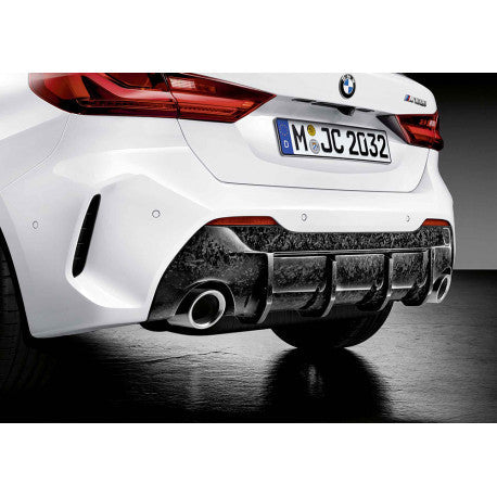 Genuine BMW F40 M135i carbon rear diffuser, M Performance style, with detailed carbon fiber finish and aerodynamic design.