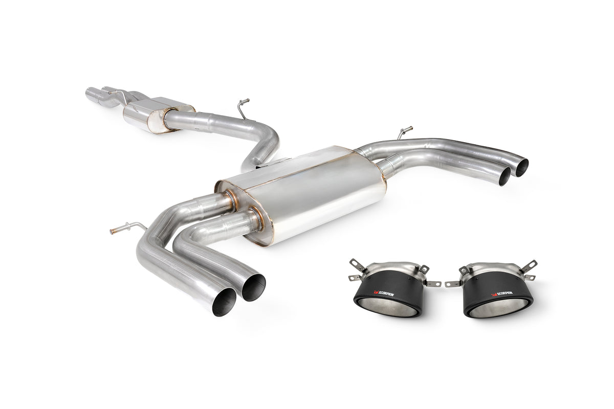 Scorpion Audi RS3 8Y saloon GPF-back exhaust system with resonated cat and no valves, showcasing polished metal pipes and muffler