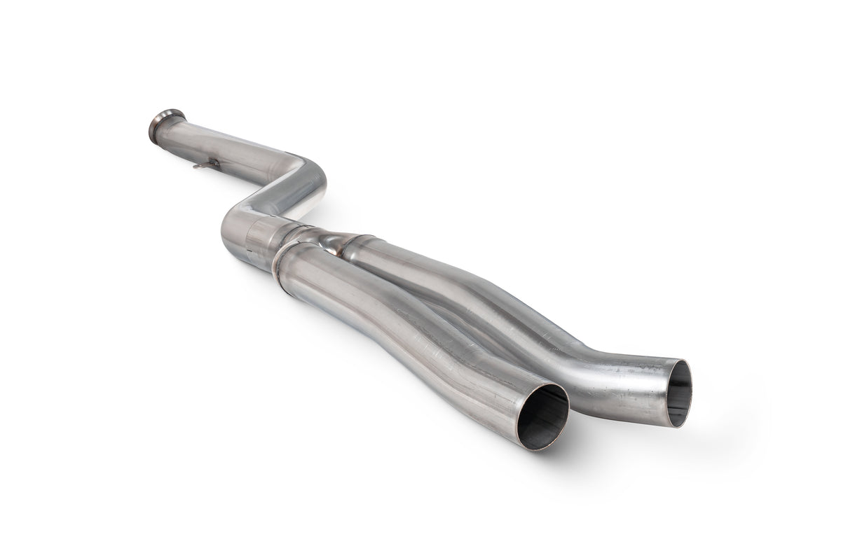 Scorpion BMW G20 G21 M340i xDrive G22 M440i GPF delete pipe installed on a BMW vehicle, showing the exhaust component.