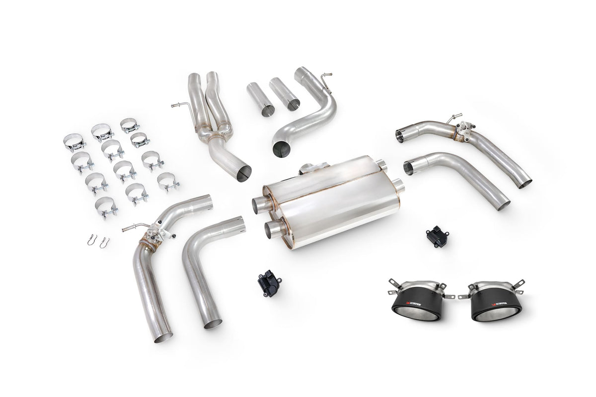 Scorpion Audi RS3 8Y saloon GPF-back exhaust system with non-resonated design and electronic valves, installed on the vehicle.