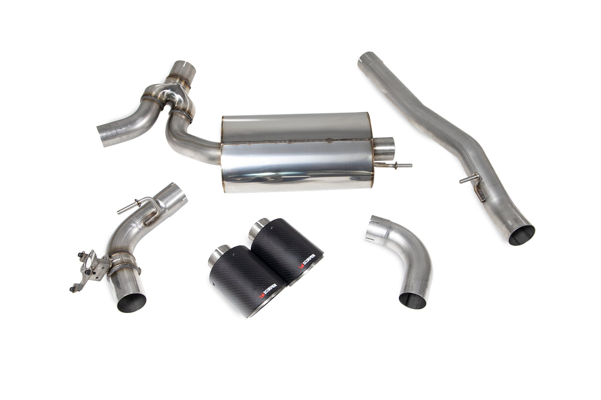 Scorpion BMW M135i xDrive GPF-Back Exhaust System with electronic valve, showcasing polished metal pipes and exhaust tips.