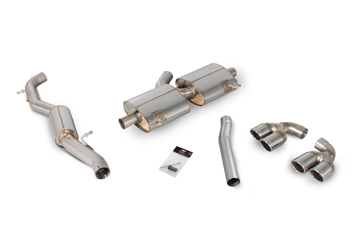 Scorpion Audi S1 2.0 TFSI quattro cat-back exhaust system without valves, showing polished metal pipes and muffler components.