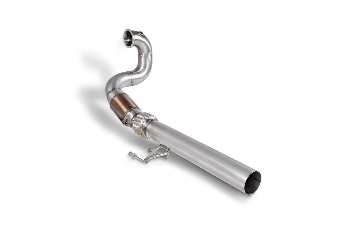 Scorpion Volkswagen Golf Mk7.5 1.5 TSI de-cat downpipe showing the stainless steel pipe with flanges and welds.