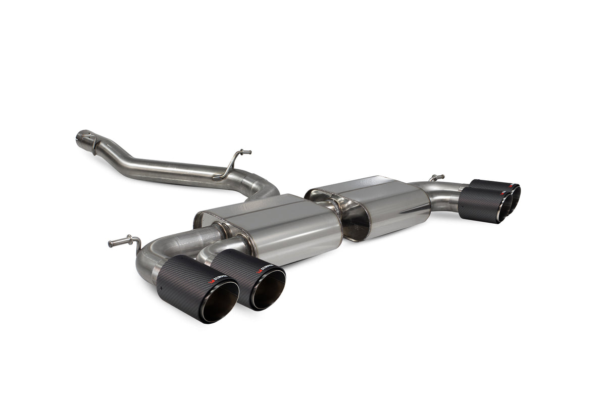 Scorpion Volkswagen Golf R MK7.5 GPF-back exhaust system with non-resonated cat, showcasing polished metal pipes and muffler.