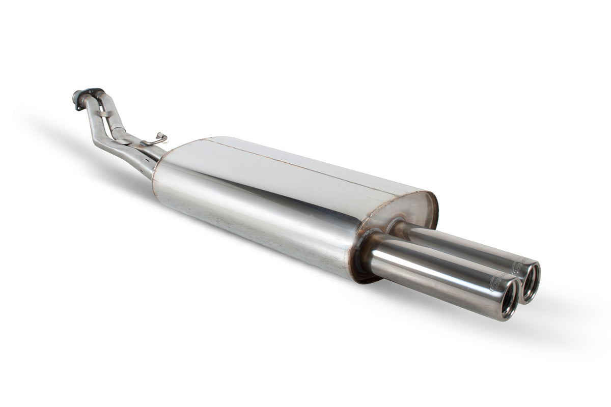 Scorpion BMW 325 E30 half exhaust system for coupe, cabrio, and touring models, showing stainless steel pipes and muffler.
