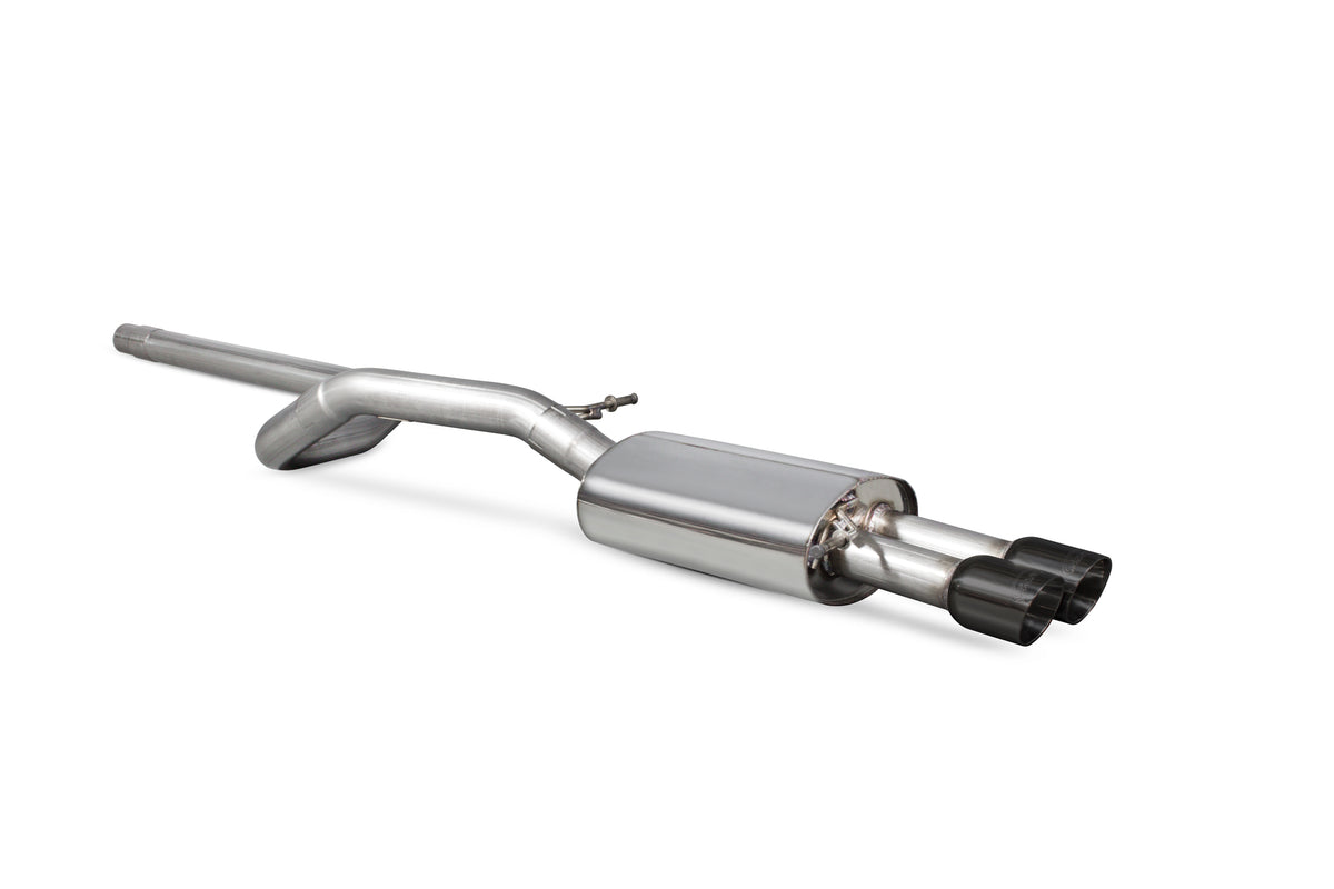 Scorpion Volkswagen Polo Gti 1.8T 9n3 non-resonated cat-back exhaust system installed on a car's rear view.
