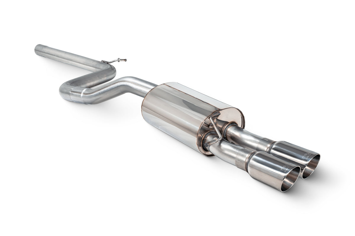 Scorpion Volkswagen Polo GTI AW GPF-Back Exhaust System, non-resonated, stainless steel, installed on vehicle showing exhaust tips and underside