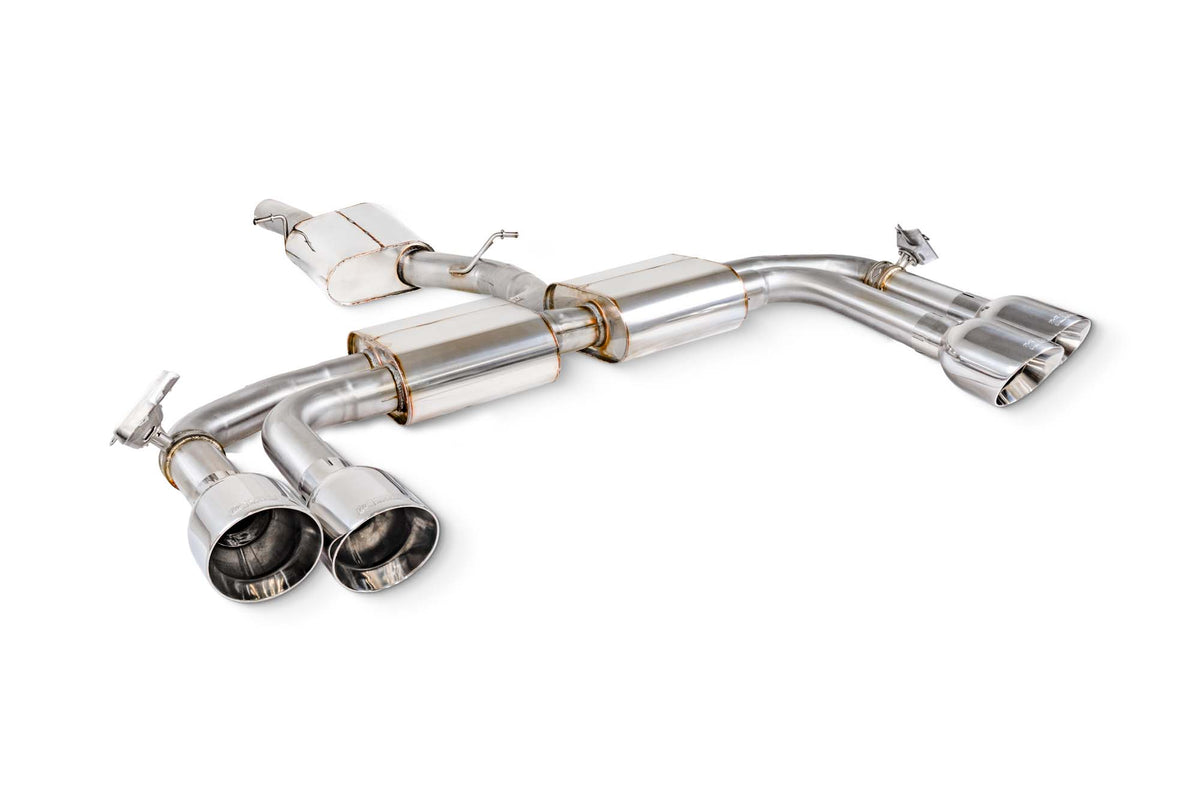 Scorpion Audi S3 8Y Sportback GPF-Back Exhaust System with electronic valves, showcasing polished metal pipes and exhaust tips.