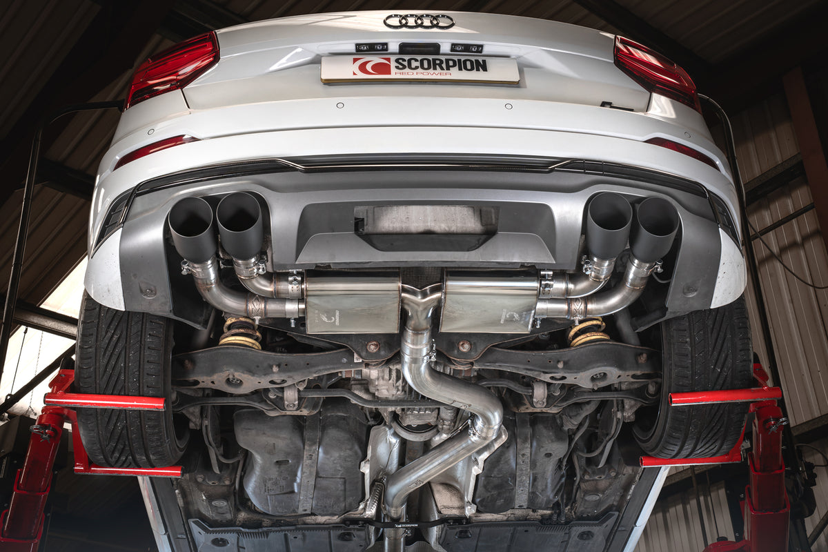 Scorpion Audi SQ2 GPF-Back Exhaust System with valves, non-resonated, showing polished metal pipes and exhaust tips.