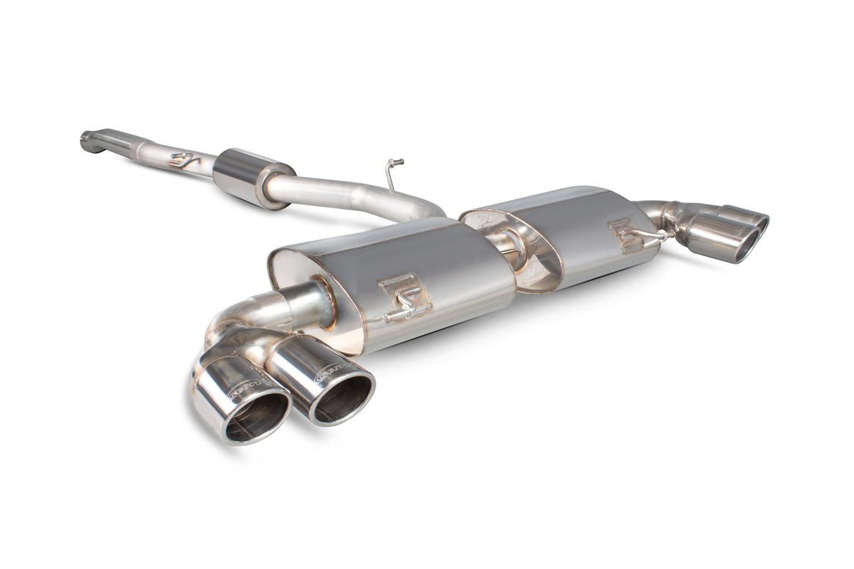 Scorpion Audi S1 2.0 TFSI quattro resonated cat-back exhaust system without valves, showing polished stainless steel pipes and dual tips.