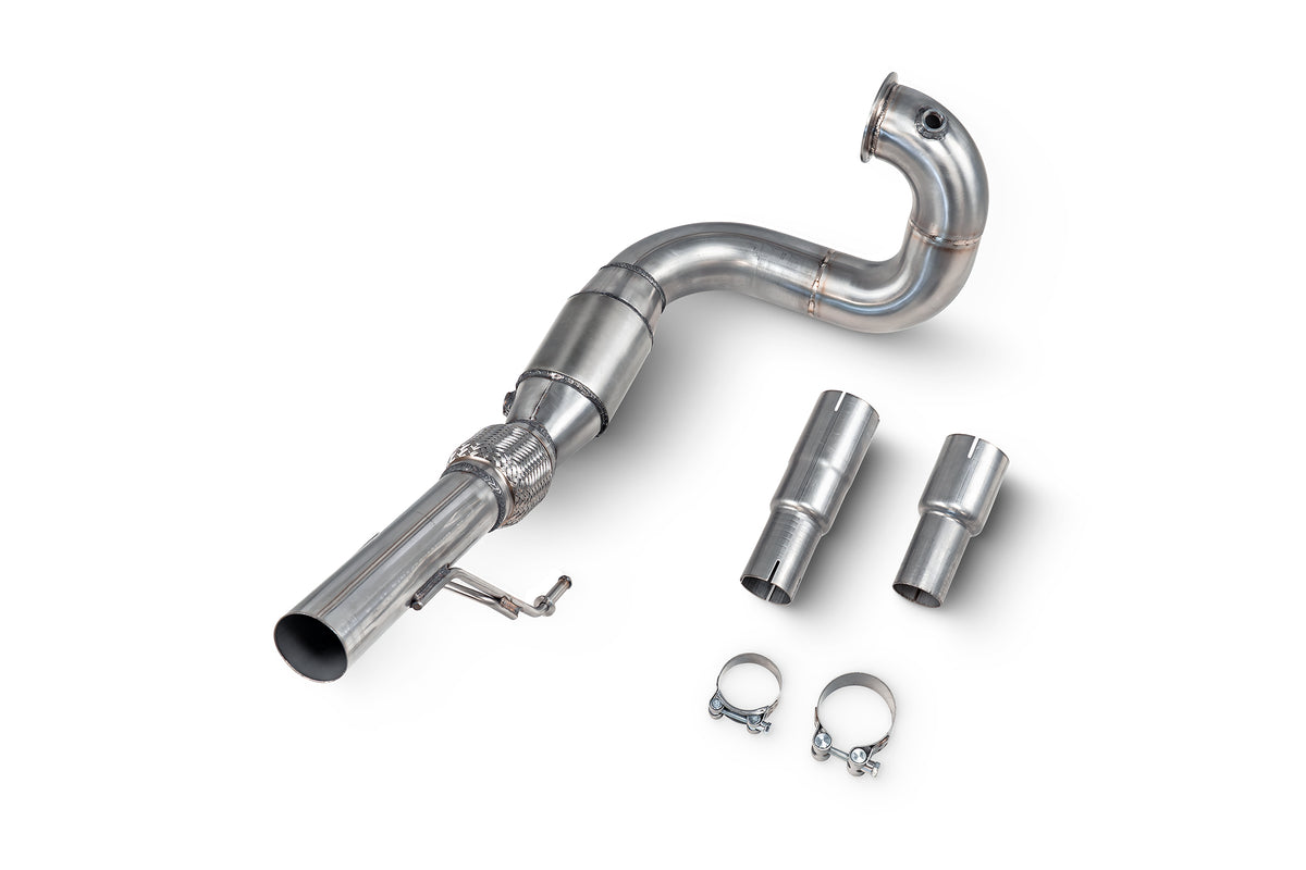 Scorpion Volkswagen UP! GTI TSI De-Cat Downpipe installed in the engine bay, showcasing the stainless steel exhaust component.