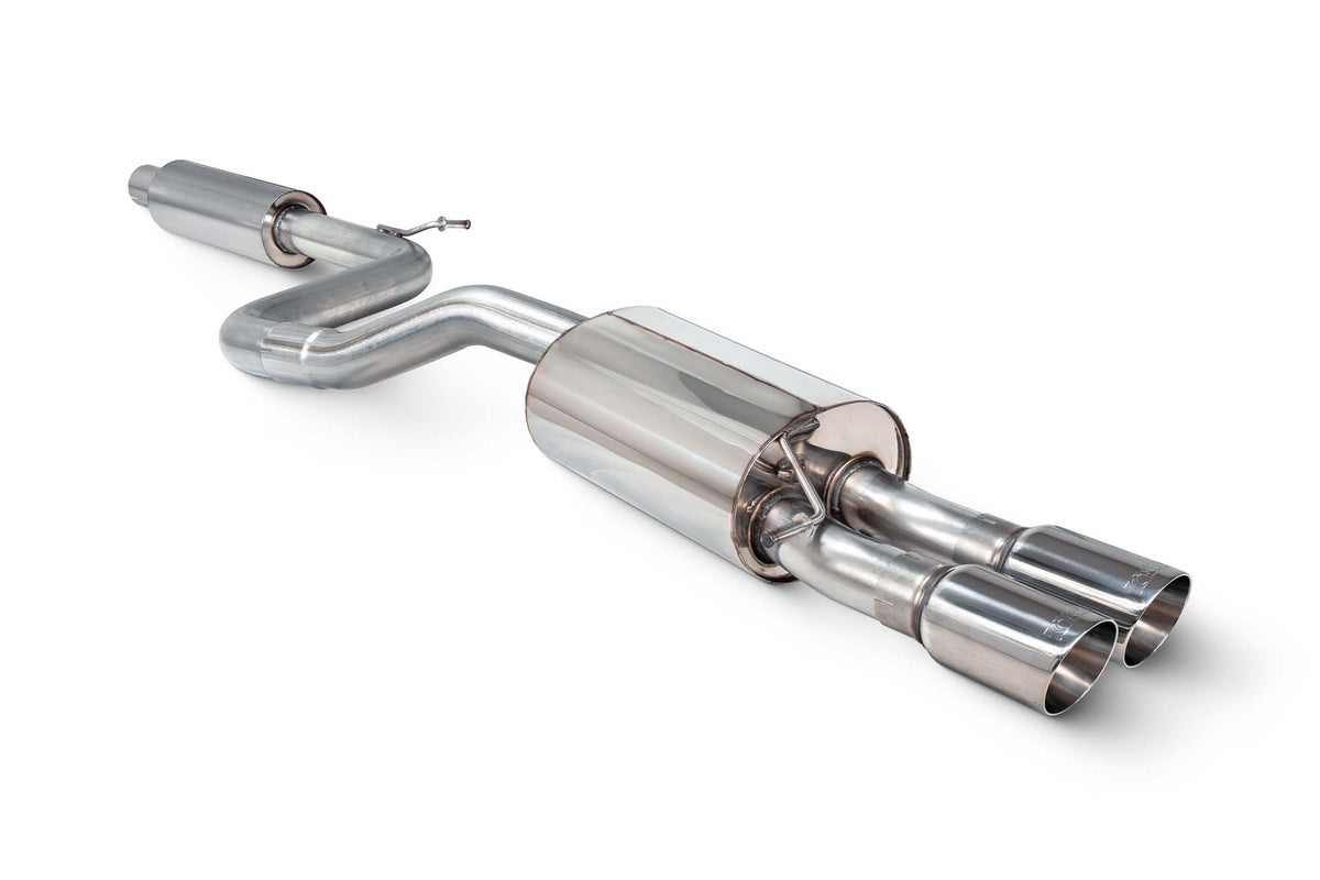 Scorpion Volkswagen Polo GTI AW GPF-Back Exhaust System featuring resonated pipe and polished metal finish on a car engine.
