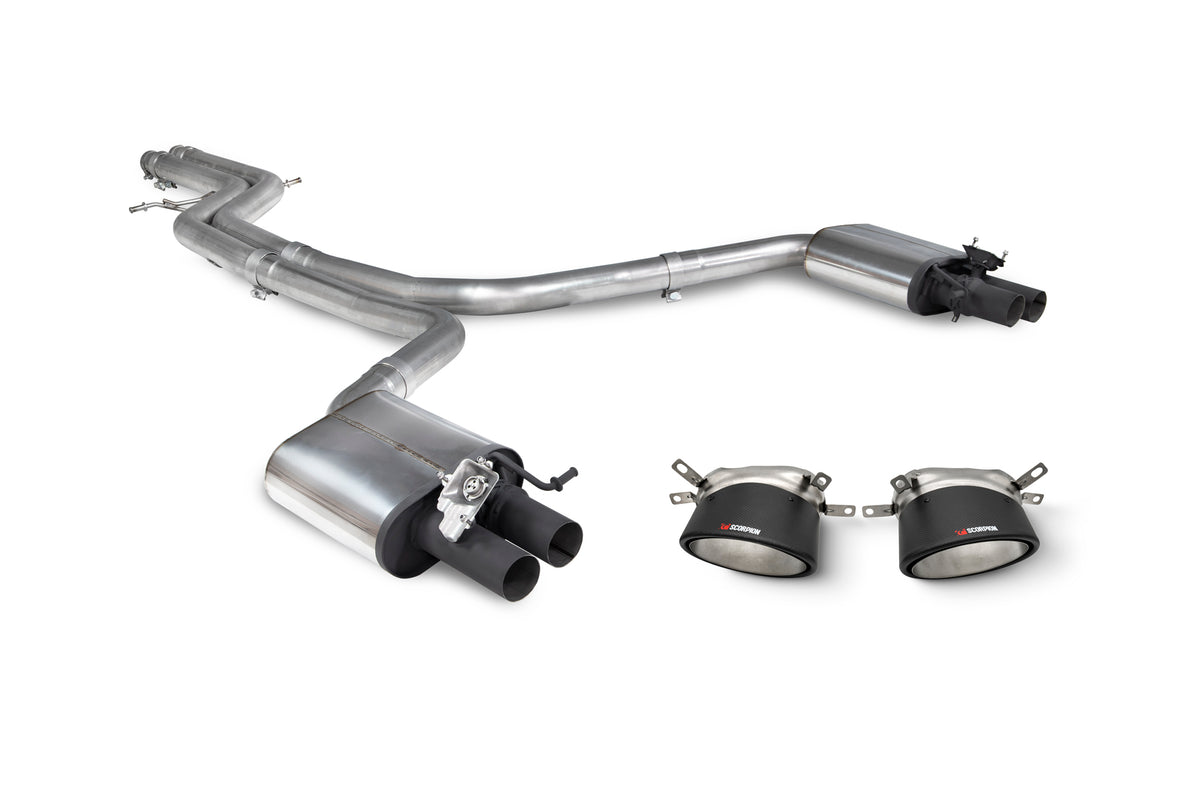 Scorpion Exhausts Audi RS7 C7 non-resonated tailpipe trim with half system and decorative trims, showcasing polished metal finish.