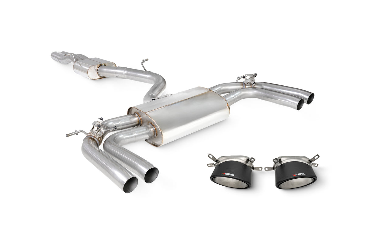 Scorpion Audi RS3 8Y Sportback GPF-Back Exhaust System with valves, showing stainless steel pipes and resonated design.