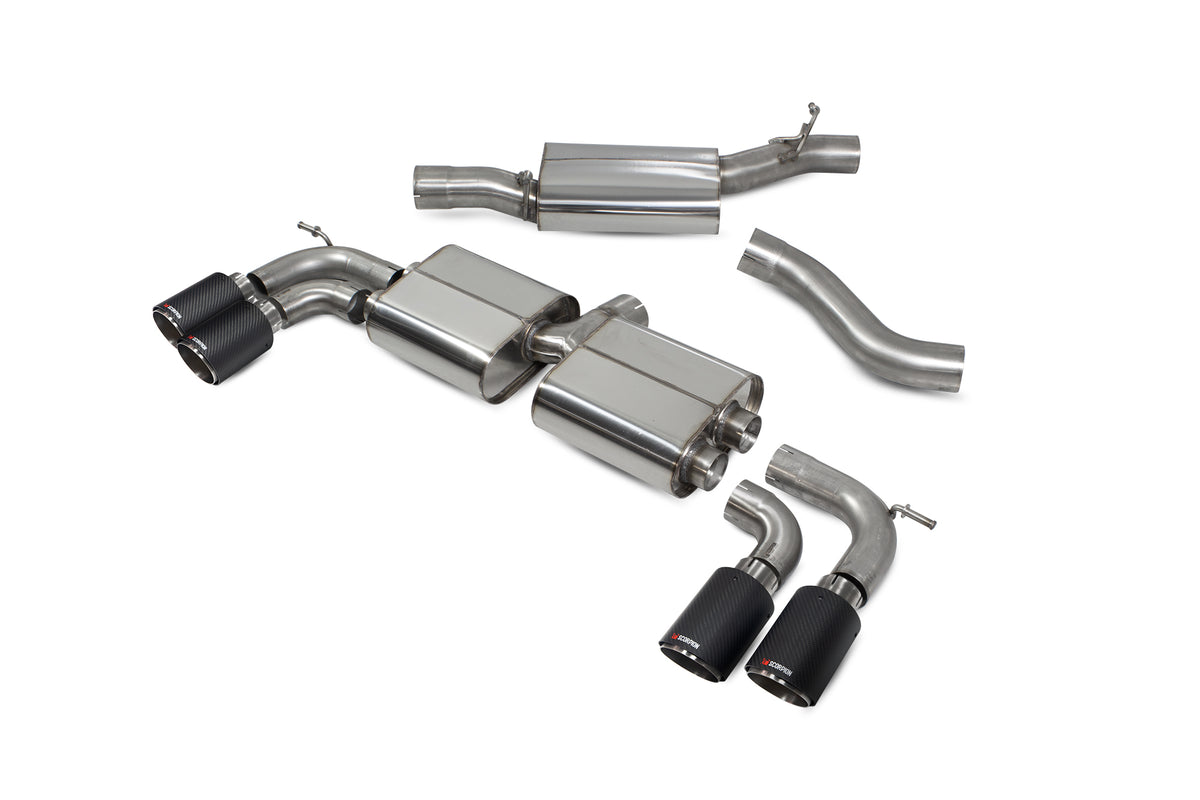 Scorpion Volkswagen Golf MK7 R resonated cat-back exhaust system with no valves, showing polished stainless steel pipes and muffler.