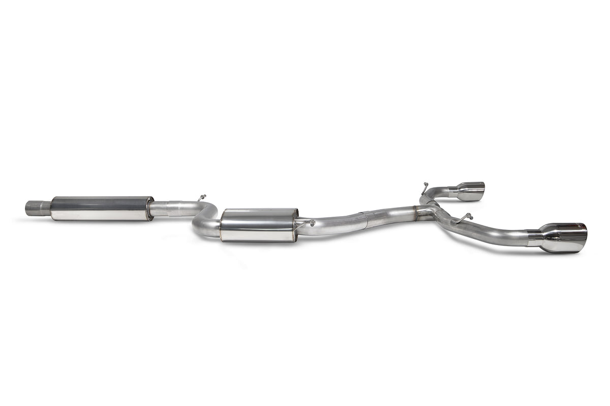Scorpion Volkswagen Golf MK8 GTI resonated GPF-back exhaust system with polished stainless steel tips and dual exhaust outlets.