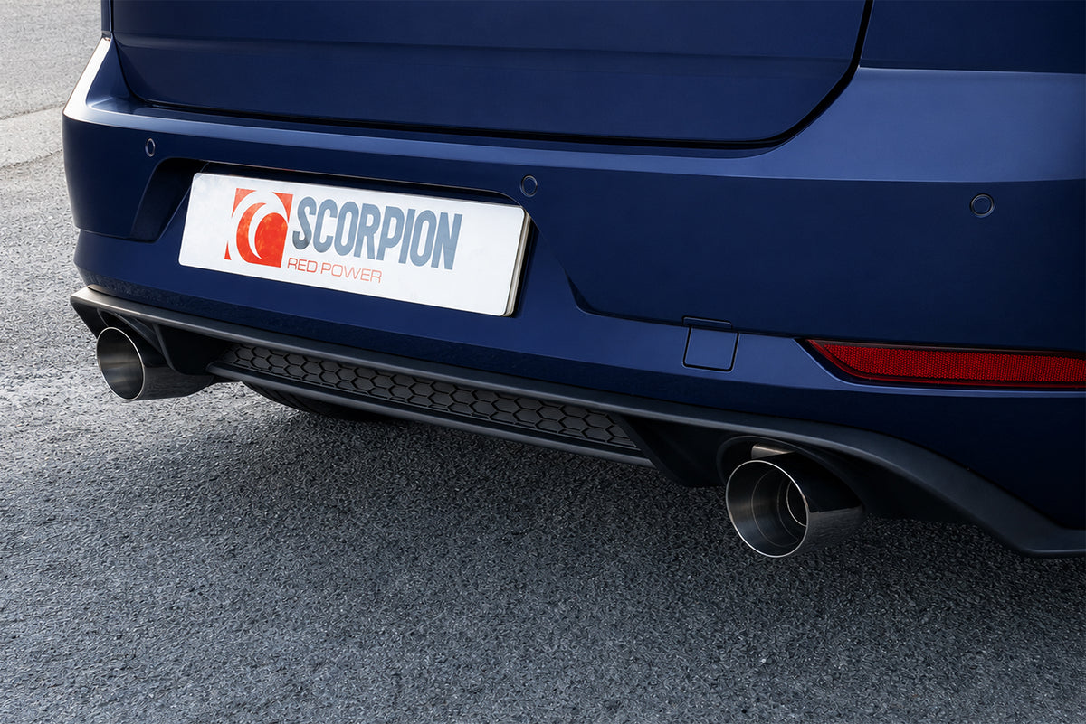 Scorpion Volkswagen Golf Mk7.5 1.5 TSI resonated cat-back exhaust system installed, showcasing polished stainless steel pipes and muffler.