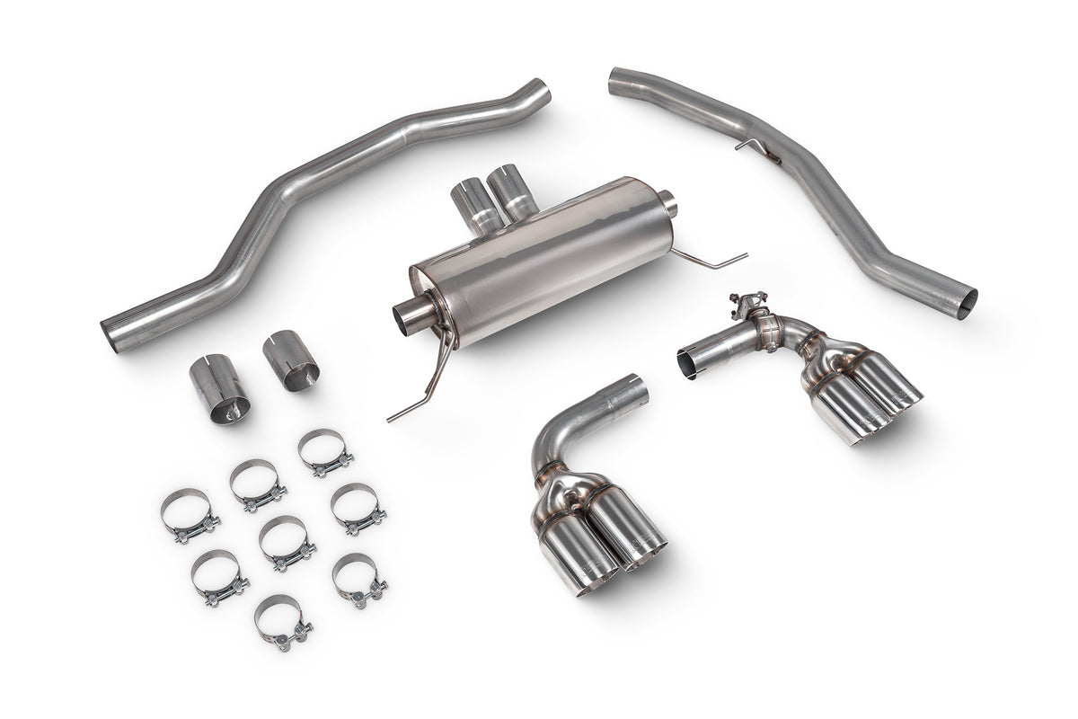 Scorpion BMW G20 G21 M340i xDrive half exhaust system with electronic valve, showcasing the sleek exhaust pipes and components.