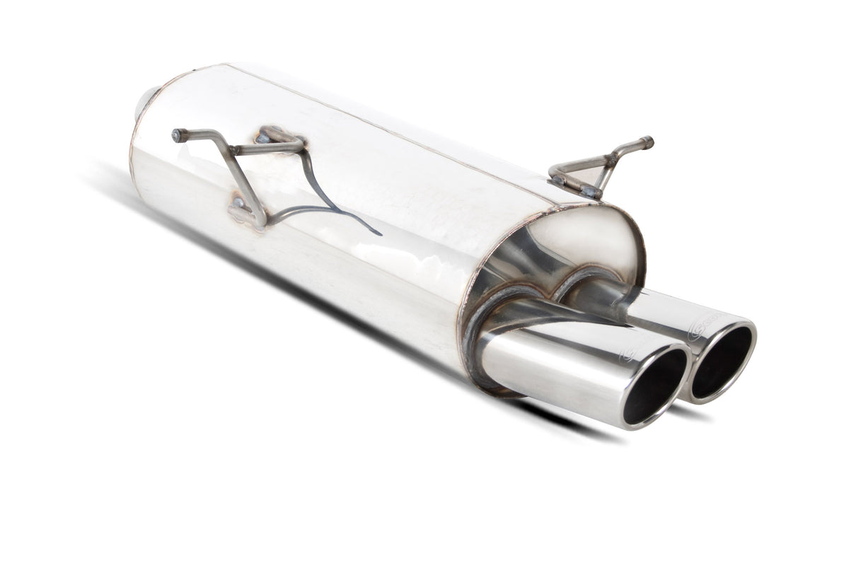 Scorpion BMW E46 316/318 rear silencer exhaust part showing the chrome finish and mounting points.