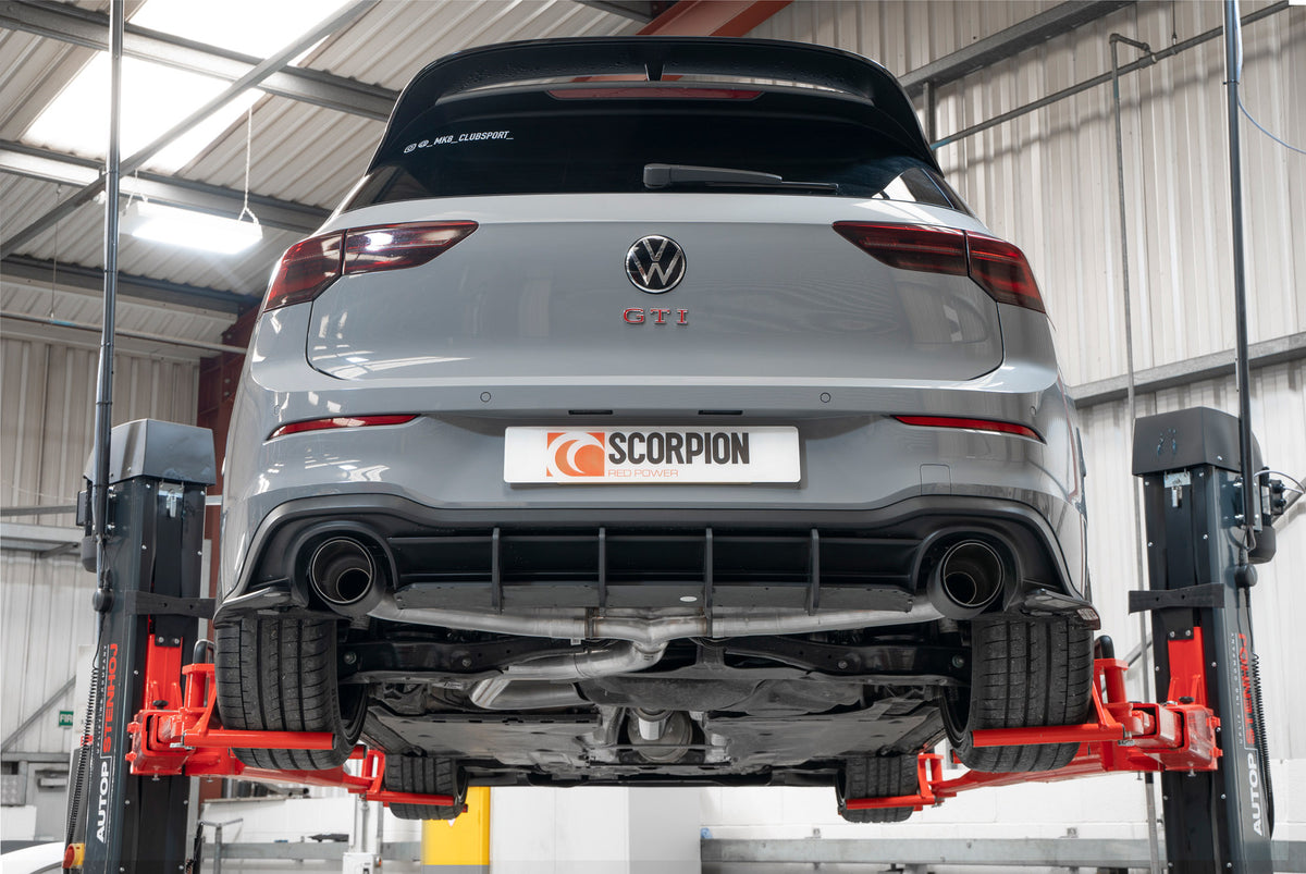 Scorpion Volkswagen Golf MK8 GTI Clubsport GPF-Back Exhaust System with resonated Predator design, showcasing polished metal pipes and tips.