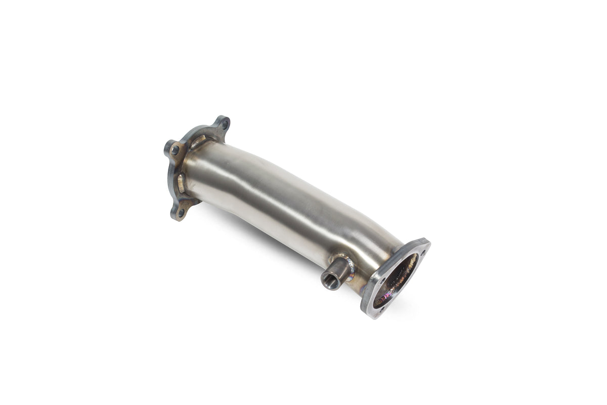 Scorpion Audi A4 B9 quattro 2.0 TFSI de-cat downpipe, stainless steel exhaust component, showing polished finish and inlet/outlet connections.