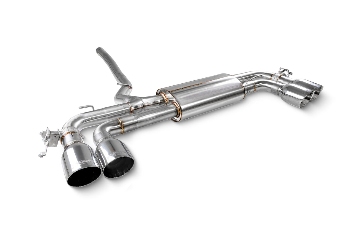 Scorpion BMW F70 M135i GPF-Back Exhaust System showing polished stainless steel pipes and dual exhaust tips on a black background.
