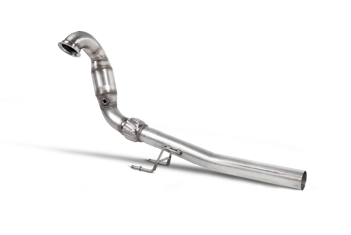 Scorpion Volkswagen Polo Gti 1.8T de-cat downpipe in stainless steel, showing the polished exhaust pipe and flanged ends.