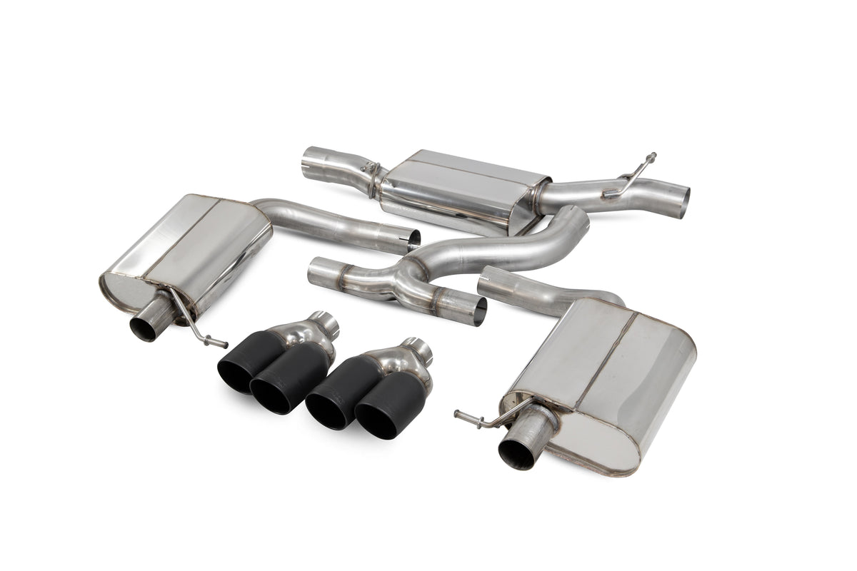 Scorpion Volkswagen Golf R Estate MK7.5 Facelift cat-back exhaust system with resonated GPF model, showcasing polished metal pipes and muffler