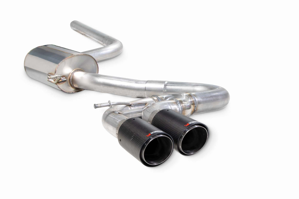 Scorpion Volkswagen Golf Mk7.5 1.5 TSI non-resonated cat-back exhaust system installed, showing polished metal pipes and muffler.