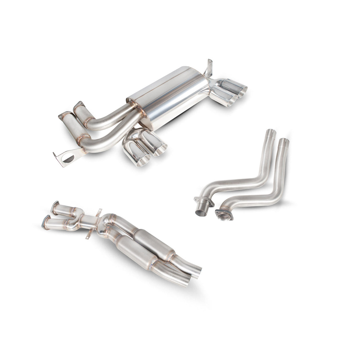 Scorpion BMW M3 E46 cat-back exhaust system with polished stainless steel pipes and dual exhaust tips.