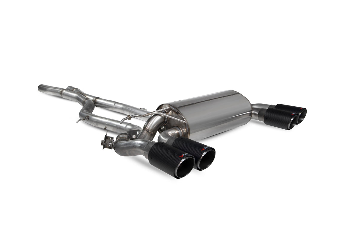 Scorpion BMW M2 Competition F87N GPF-Back Exhaust System with electronic valves, showcasing polished metal pipes and dual exhaust tips.