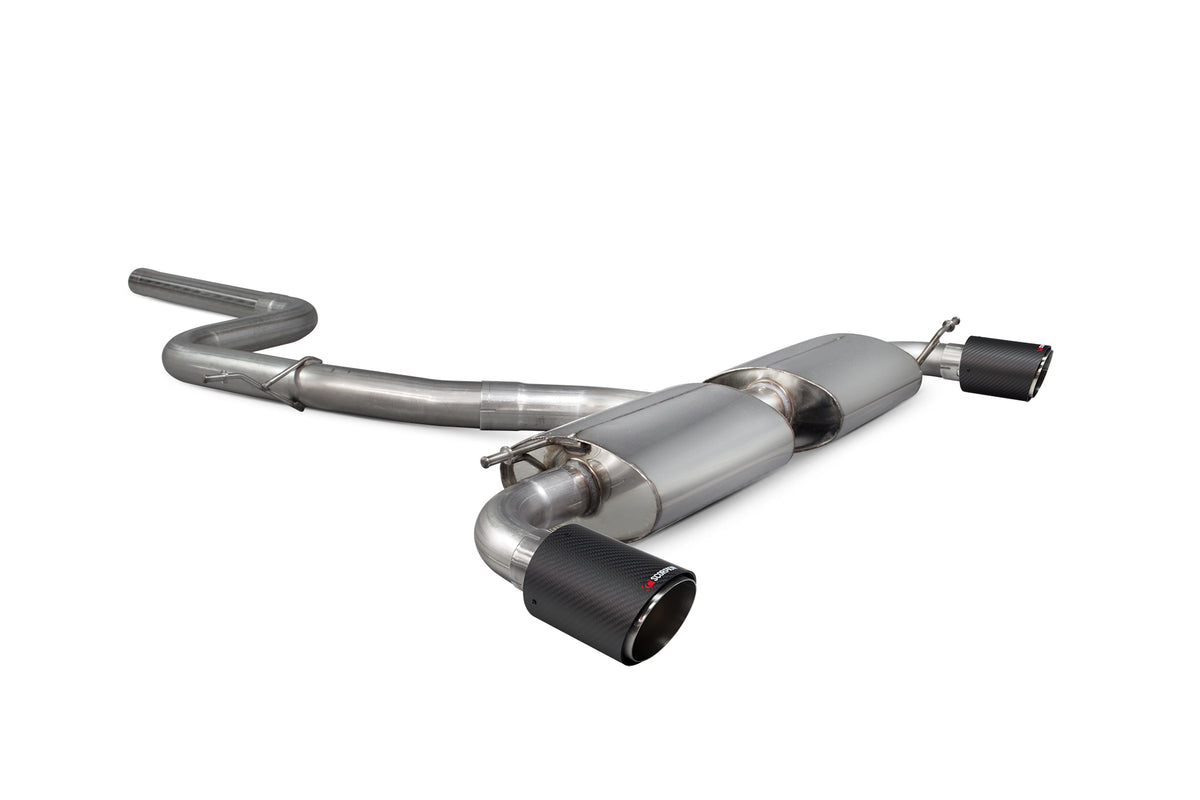 Scorpion Volkswagen Scirocco R cat-back exhaust system with polished stainless steel pipes and dual exhaust tips.