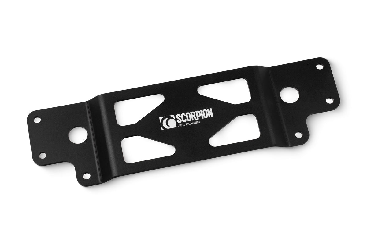 Scorpion BMW M2 G87 exhaust tunnel brace, black metal support part with mounting brackets, designed for vehicle exhaust system stability.