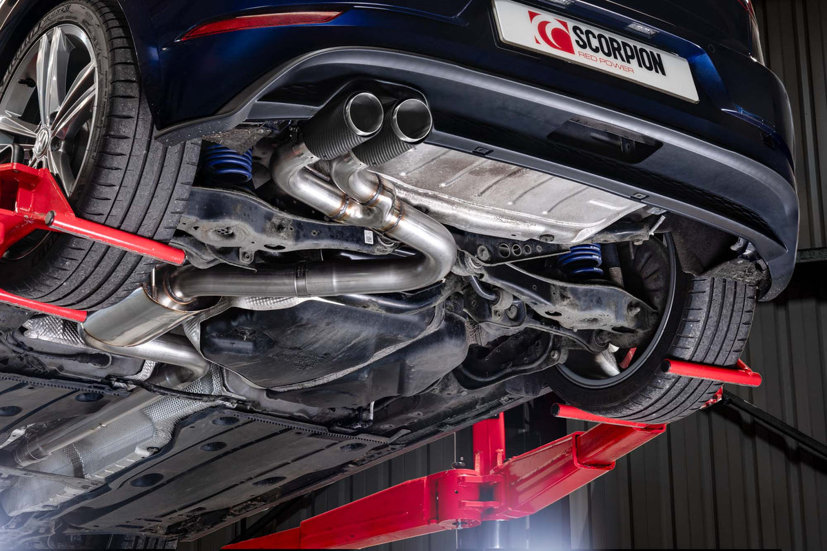 Scorpion Volkswagen Golf Mk7.5 1.5 TSI cat-back exhaust system with non-resonated muffler, showcasing the stainless steel pipes and tips.