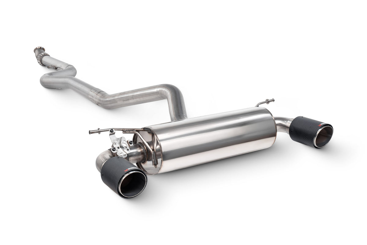 Scorpion BMW M235i F22 non-resonated cat-back exhaust system with valve, featuring chrome tips and stainless steel construction.