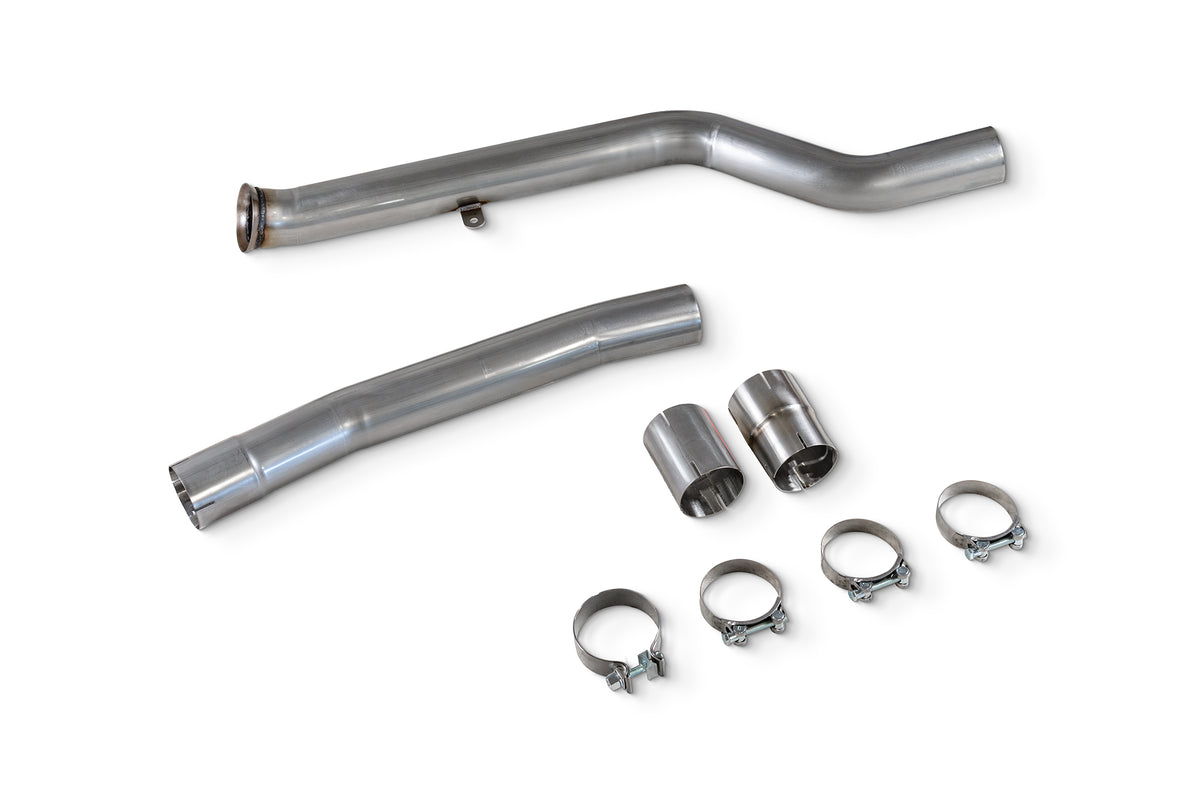 Scorpion BMW G20 G21 330i GPF delete pipe showing polished stainless steel exhaust modification for saloon and touring models
