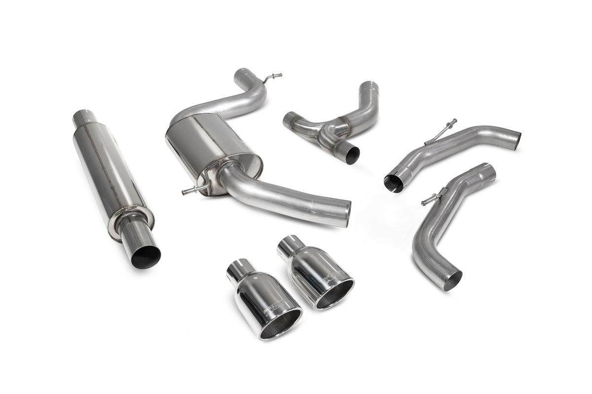 Scorpion Volkswagen Golf MK8 GTI resonated GPF-back exhaust system with twin tailpipes and polished stainless steel finish.
