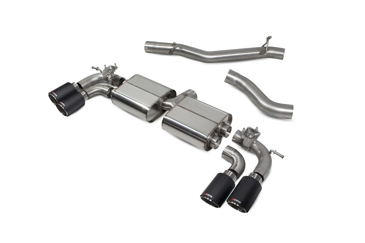 Scorpion Volkswagen Golf R MK8/8.5 GPF GPF-Back Exhaust System with non-resonated muffler and electronic valve controls.