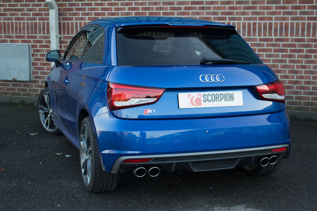 Scorpion Audi S1 2.0 TFSI quattro cat-back exhaust system with resonated pipes and electronic valves, shown installed on the vehicle.