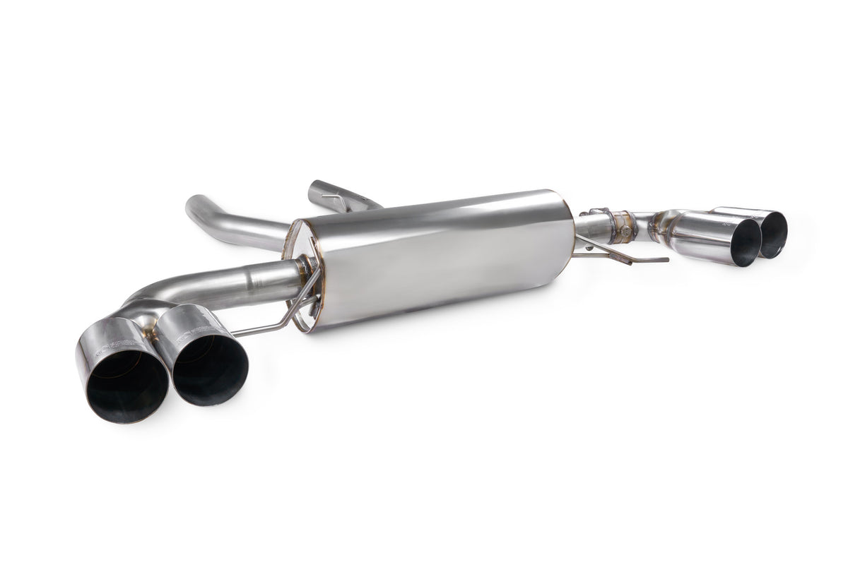 Scorpion BMW M240i G42 GPF-Back Exhaust System with electronic valve, showcasing the sleek stainless steel design and exhaust tips