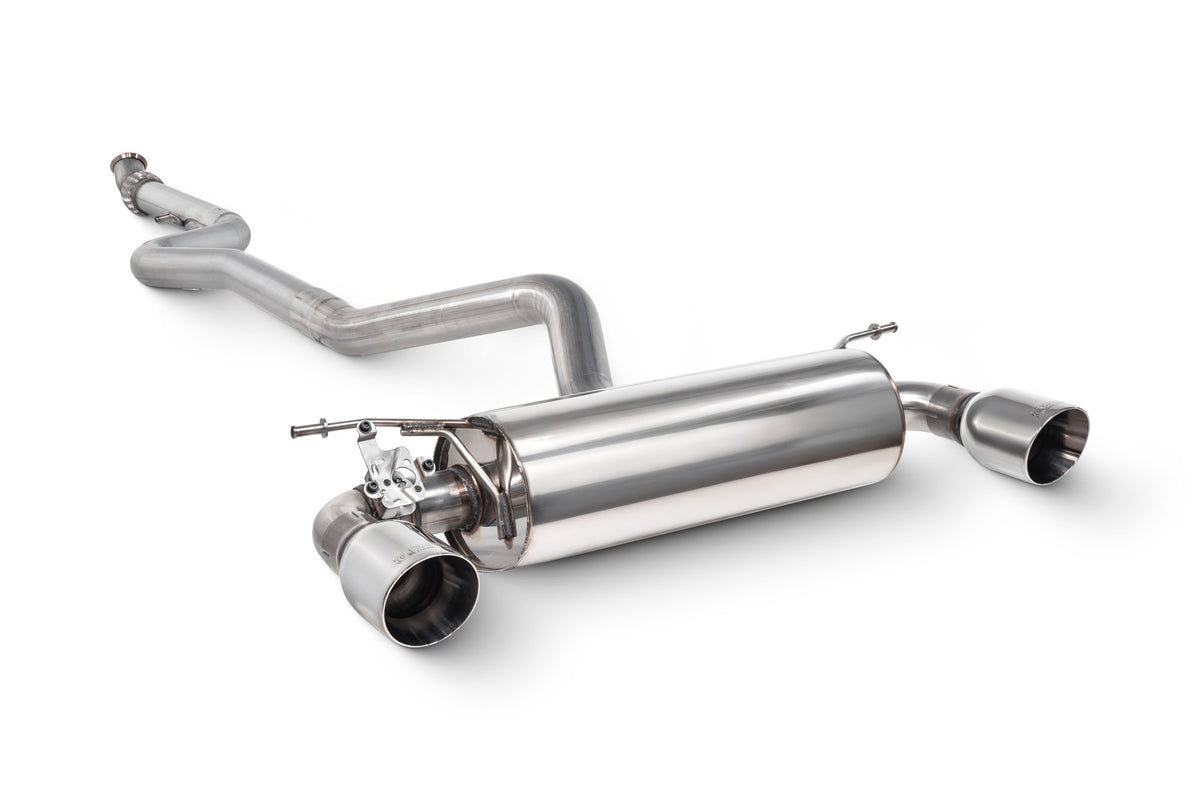 Scorpion BMW M235i F22 non-resonated cat-back exhaust system with valve, showing polished stainless steel pipes and exhaust tips.