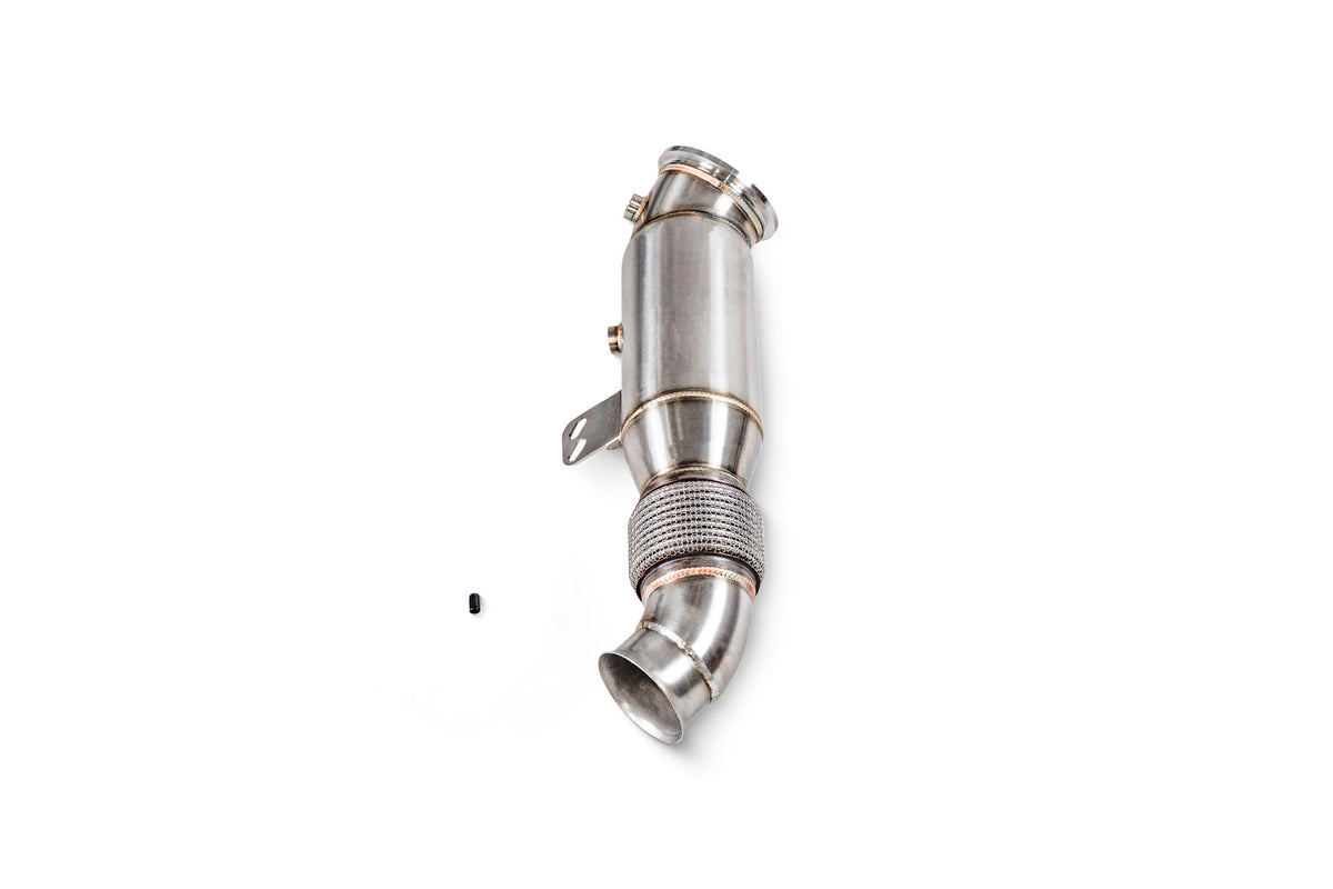 Scorpion BMW X3 M40i G01 de-cat downpipe, stainless steel exhaust part with visible piping and mounting flanges.