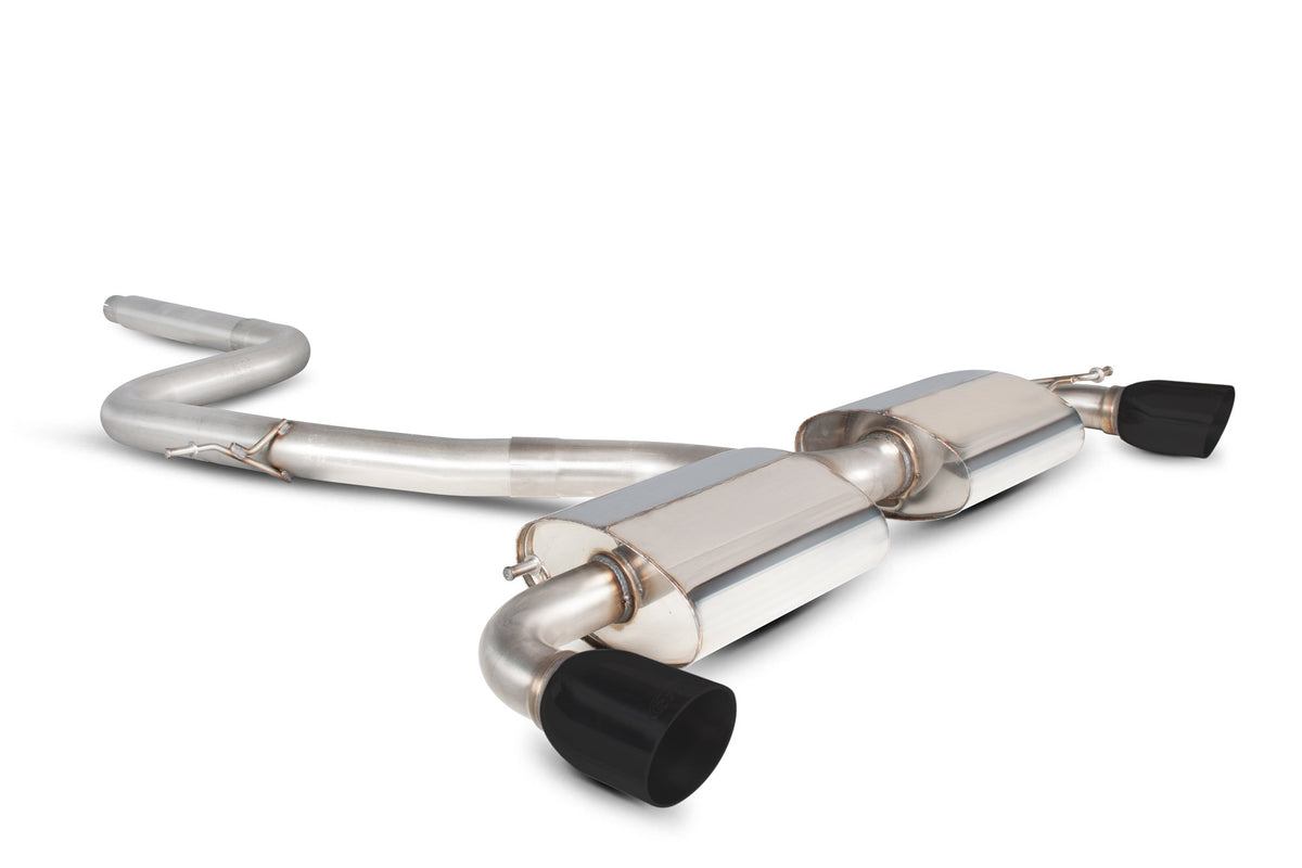 Scorpion Volkswagen Scirocco R non-resonated cat-back exhaust system installed on car, showcasing polished stainless steel pipes