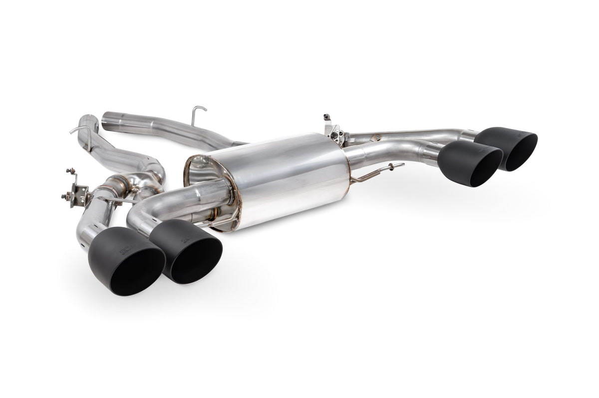 Scorpion BMW X3 M G01 LCI and X4 M G02 Competition half exhaust system with valves, showcasing polished metal finish and dual exhaust tips.