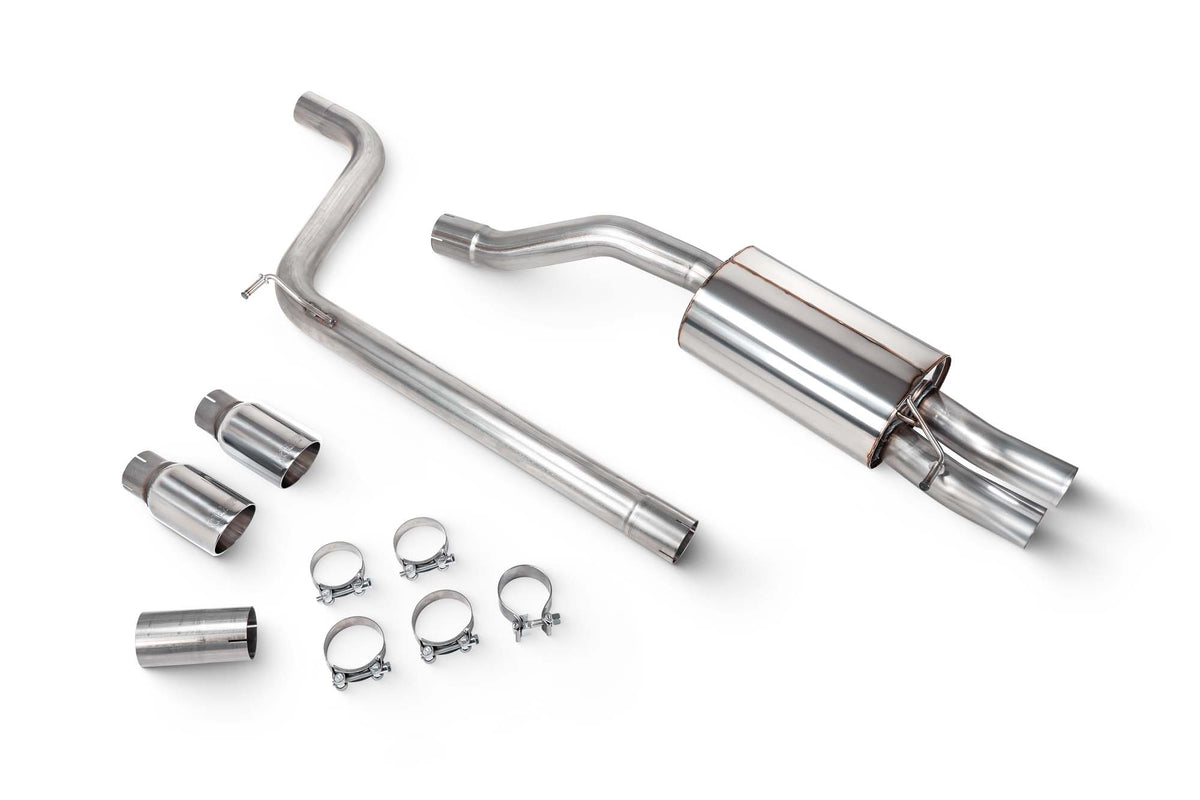 Scorpion Volkswagen Polo GTI AW GPF-Back Exhaust System, non-resonated, with polished metal pipes and dual exhaust tips.