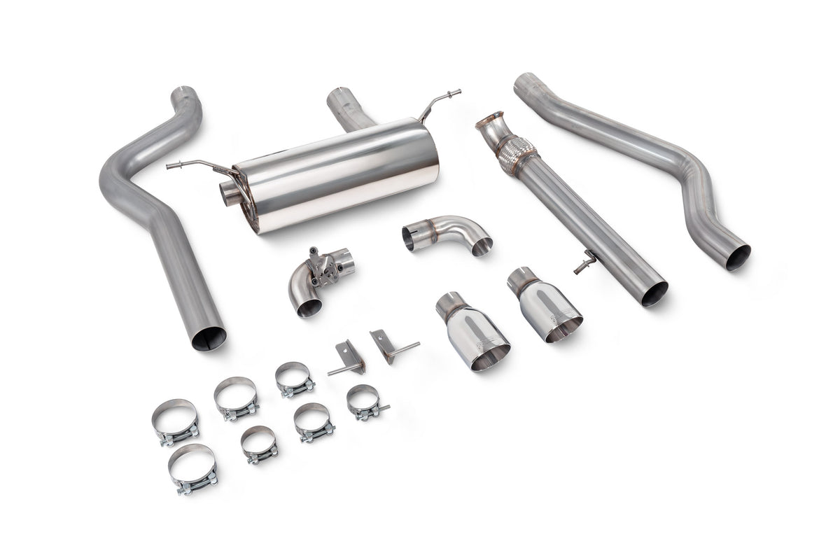 Scorpion BMW M235i F22 non-resonated cat-back exhaust system with valve, showing polished stainless steel piping and exhaust tips