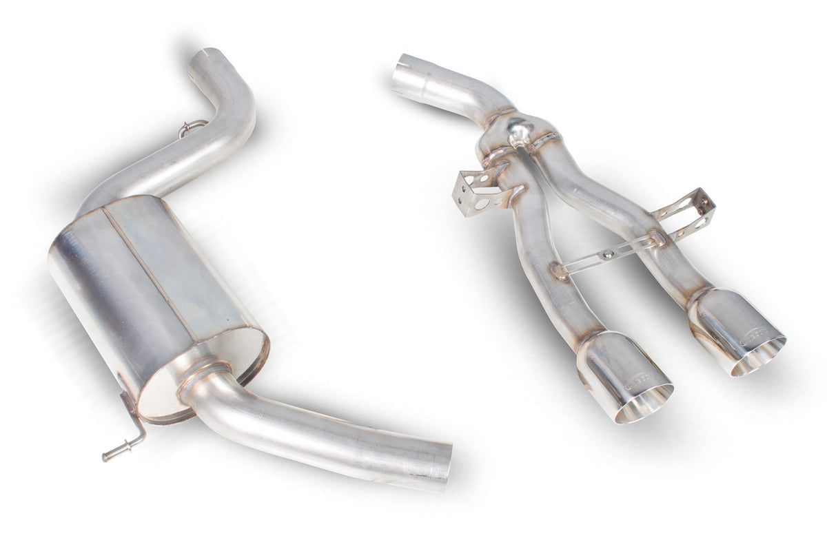 Scorpion Exhausts cat-back exhaust system for Seat Leon Cupra R 2.0 TSI 265 PS, showing stainless steel pipes and muffler.