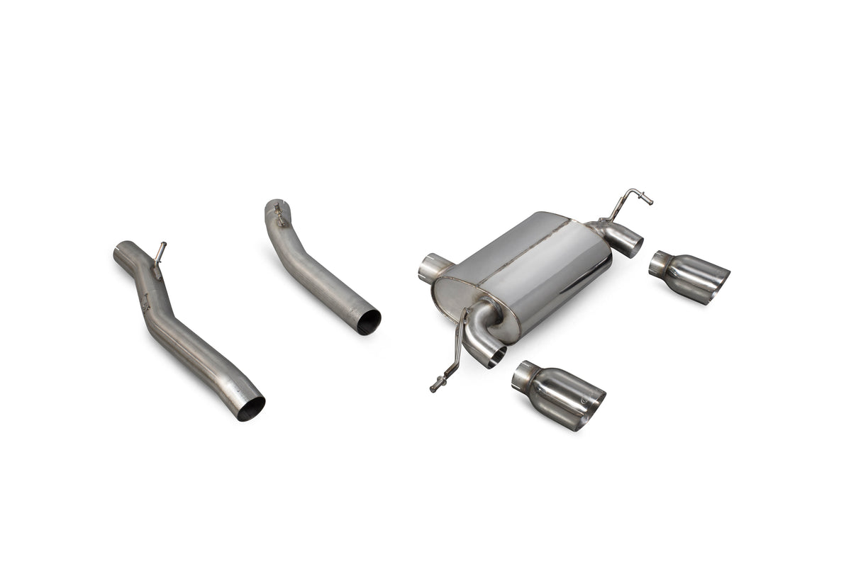 Scorpion Audi TT Mk1 quattro sport non-resonated cat-back exhaust system, showcasing polished metal pipes and muffler with branding.