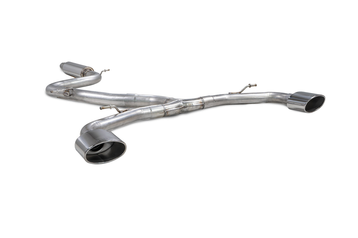 Scorpion Volkswagen Golf MK8 GTI Clubsport GPF-Back Exhaust System showing polished stainless steel pipes and resonated muffler