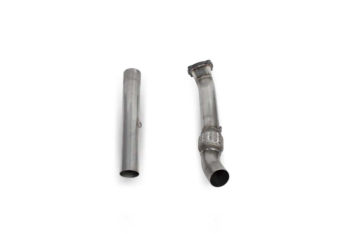 Scorpion Audi TT Mk1 180 De-Cat Downpipe installed, showing its metallic construction and connection points for exhaust upgrade.